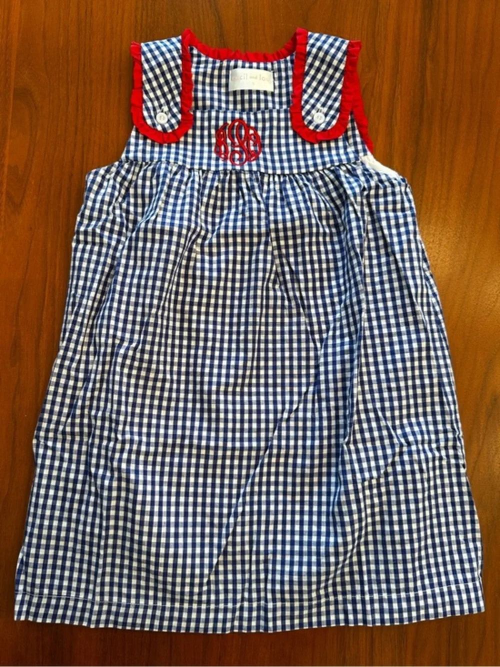 Cecil & Lou Blue Gingham Sleeveless Monogram Dress with Red Trim “bPq” embroider